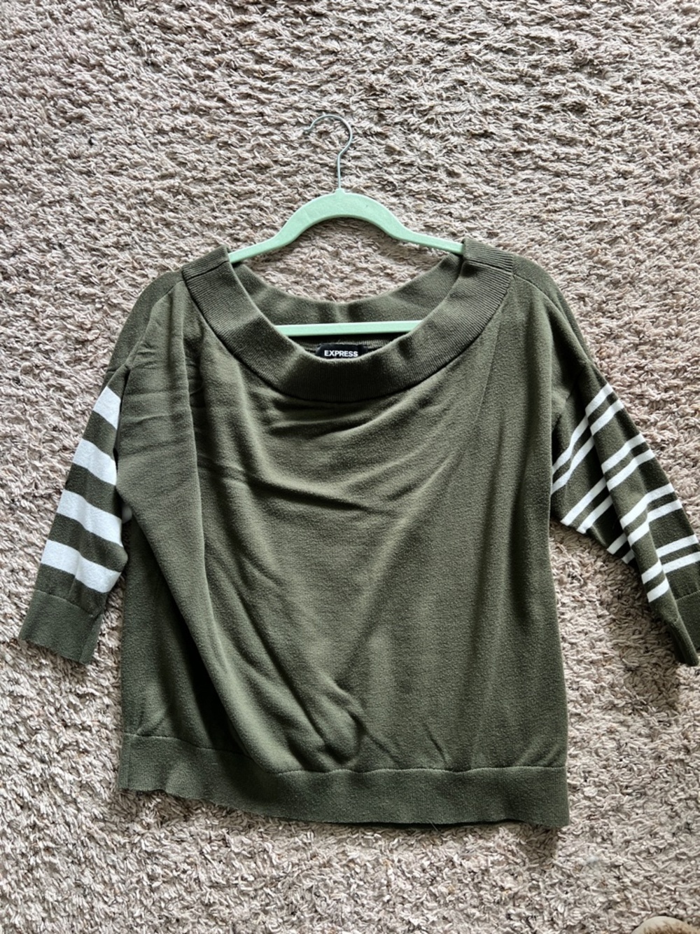 Express Off-Shoulder Sweater - Olive Green and White - Small